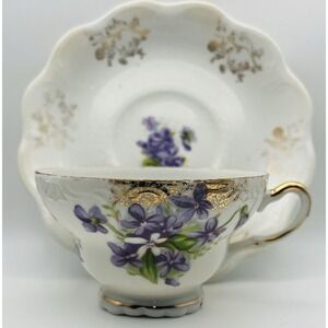 Vintage Teacup Saucer Set Violets Floral Porcelain Gold Gilt Trim Purple White